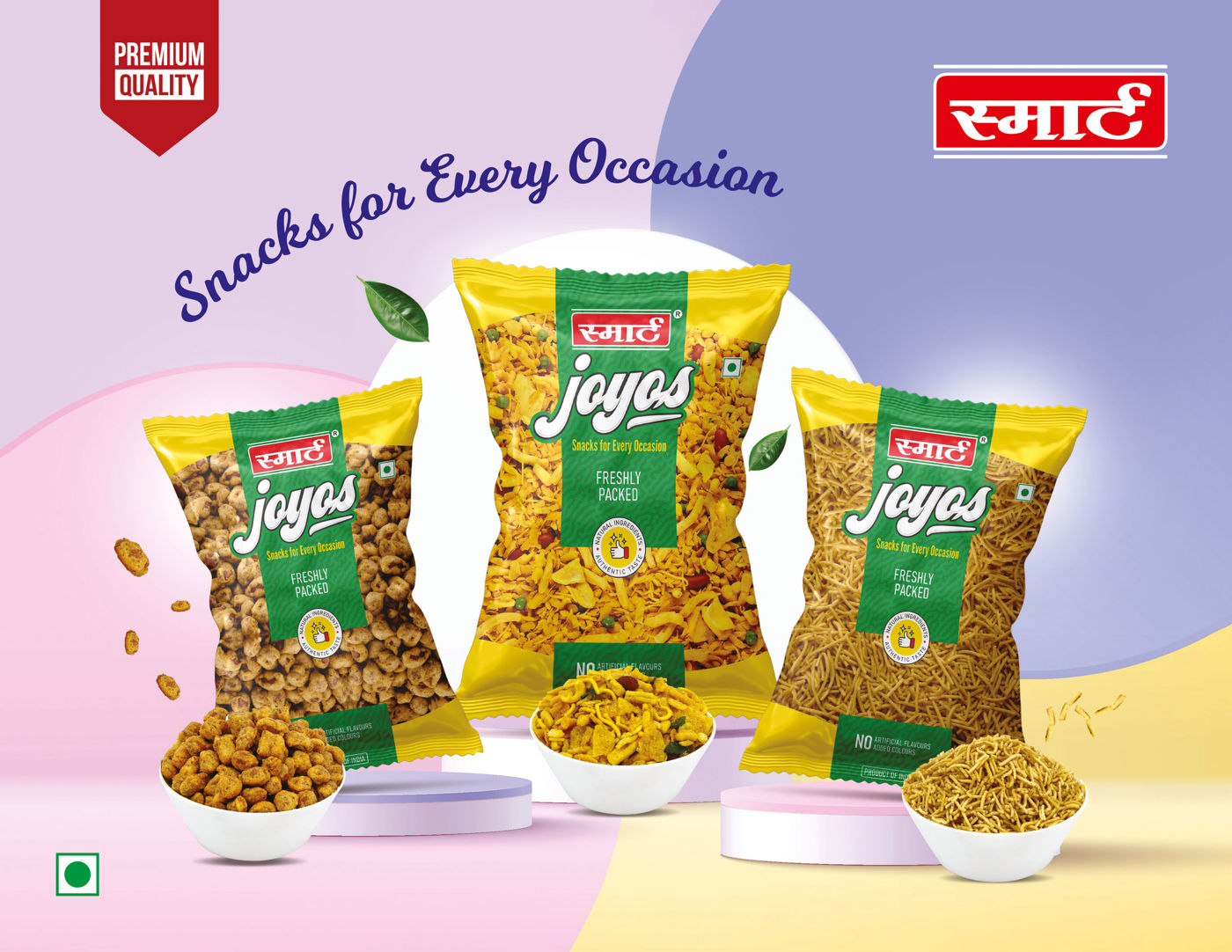 Joyos snack packs with bowls of namkeen